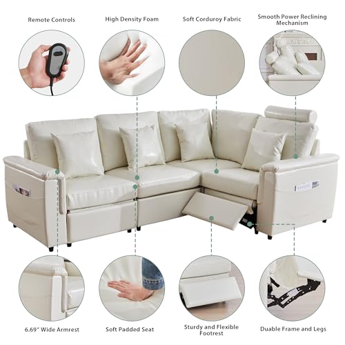 Image of RARZOE Faux Leather Sectional Sofa with Power Recliner, L Shaped PU Leather Reclining Couch with Headrest, 4 Seater Oversized Modular Reclining Couches for Living Room, Beige