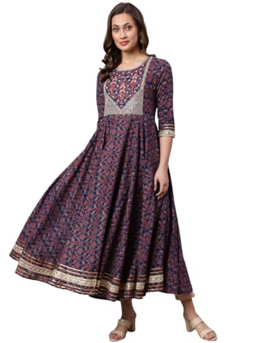Image of Women Cotton Embroidered Printed Round Neck 3 /4 Sleeve Flared Kurta