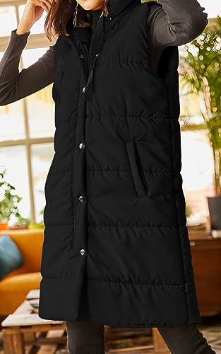 Grlasen Women's Long Quilted Puffer Vest Sleeveless Hooded Button Down Padded Coats Jacket Outerwear with Pockets2