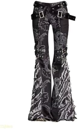 Y2K Grunge Flare Leg Jeans - Punk Aesthetic Denim Pants with Tassel & Horn Accents, Includes Belt