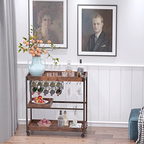 Bar-Cart3-Tier-Coffee-Bar-on-Wheels-with-10-Bottle-Wine-Rack-and-Glass-Holder-and-Removable-TrayIndustrial-Serving-Cart-for-The-Living-Room-Kitchen-Rustic-Brown Bar Cart3 Tier Coffee Bar on Wheels with 10 Bottle Wine Rack and Glass Holder and Removable TrayIndustrial Serving Cart for The Living Room Kitchen Rustic Brown
