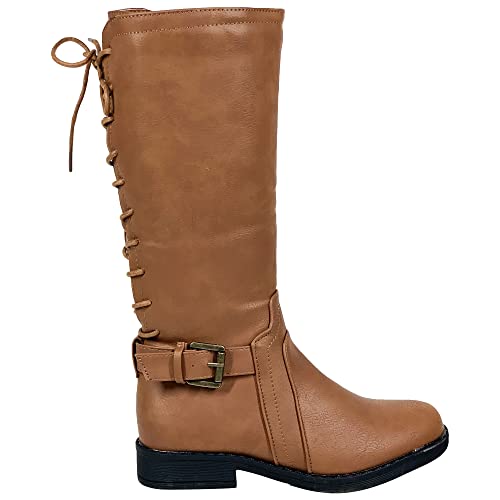 SOBEYO Girls' Riding Boots Corset Lace Up Back Mid Calf Knee High Block Heels3