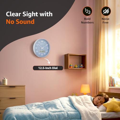 Image of Amazon Basics 12.5 Inch Analog Digital Wall Clock with LCD Display | Day Date Month Temperature | Silent Sweep Quartz Movement | Large Easy Read Numbers | Dual Battery Operated for Home Office (Grey)
