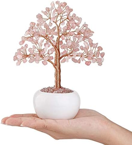 CrystalTears Rose Quartz Crystal Money Tree Feng Shui Natural Healing Crystal Gemstone Bonsai Tree Gifts for Mom Home Office Decor Good Luck