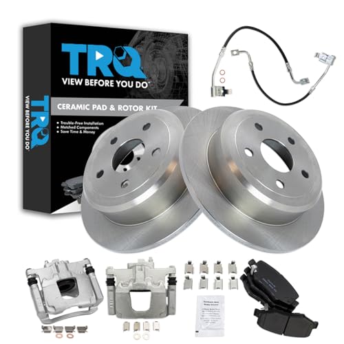 Image of TRQ Rear Brake Pad and Rotor Set Ceramic Rotors Calipers Hoses Compatible with 2008-2012 Jeep Wrangler