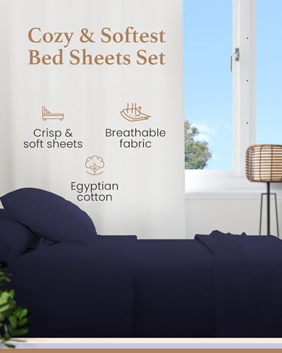 Image of Good Sleep Bedding Split King Sheets for Adjustable Bed, 5 Piece, 100% Egyptian Cotton Sheet & Pillowcase Sets, Sateen Weave, Ultra-Soft, 16 inch Deep Pocket Adjustable Bed Sheets - Navy Blue