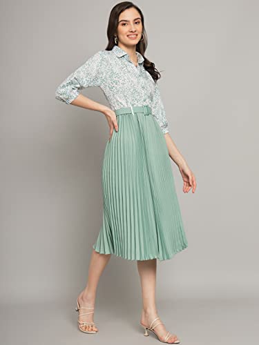 Kzully Women's Print 3/4 Sleeve Pleated Midi Dress With Belt Pista