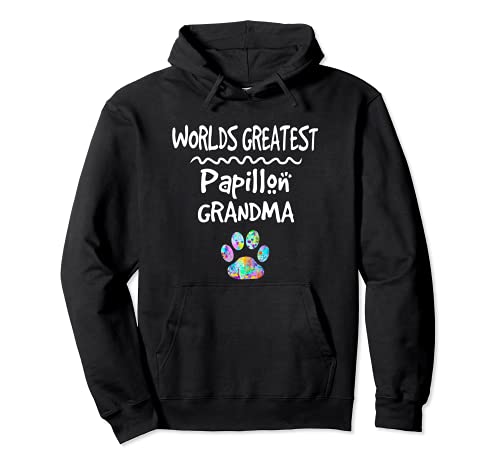 Worlds Greatest Papillon Grandma Cute Dog Paw Print Pet Love Pullover Hoodie, Black