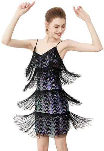 Image of Women Flapper Dresses 1920s V Neck Beaded Fringed Great Gatsby Club & Night Out Dresses