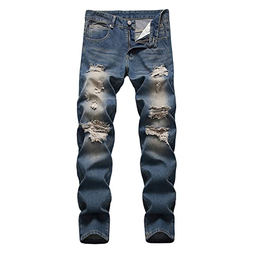 Ripped Slim Fit Jeans for Men Distressed Destroyed Straight Leg Denim Pant Vintage Washed Jean Pants with Holes (Blue,34)