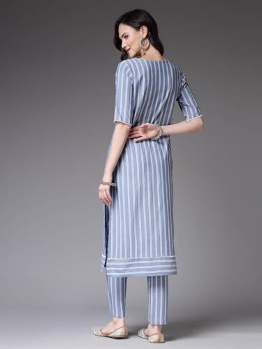 Image of Stylum Women's Woven Striped Cotton Blend Straight Kurta Pant Set (KPXHOORBLUE Blue)