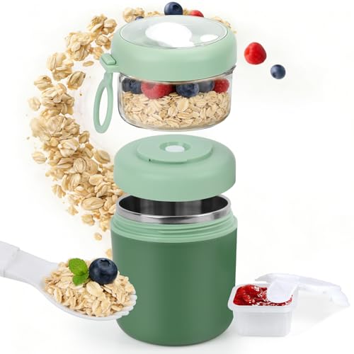 GEEKHOM Vaso de cereales To Go de acero inoxidable con compartimentos 530/330 ml: Incluye cuchara y salsera, hermético, aislante térmico, apto lavavajillas, ideal para trabajo, escuela, picnic(Verde)