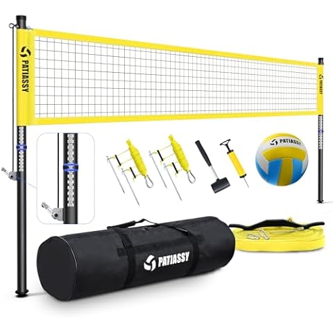 Patiassy Portable Professional Outdoor Volleyball Net Set with Adjustable Height Aluminum Poles, Winch System, Volleyball with Pump and Carrying Bag for Backyard Beach (Yellow) Cover