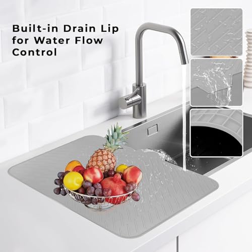 Image of Silicone Dish Drying Mat for Kitchen Counter - 23x17 Inch, Heat Resistant, Non-Slip, Built-in Drain Lip, Protects Countertop, Prevents Water Build up, Quick Dry, Easy to Clean Dish Drainer Mat
