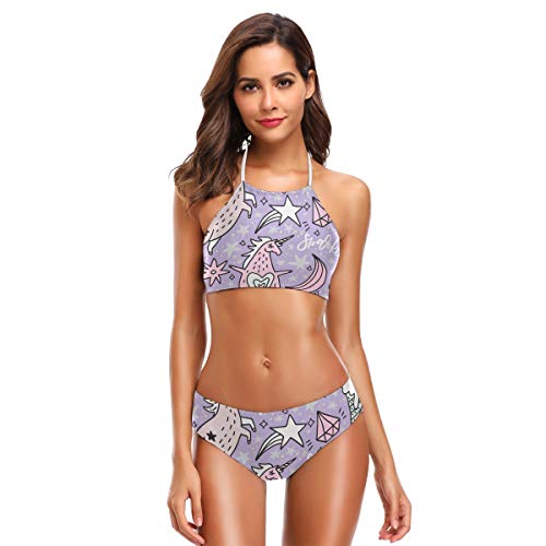 Preisvergleich Produktbild SUGARHE Damen BadebekleidungNiedliche handgezeichnete Nahtlose Muster Einhörner,Mädchen Bikini Set Split(L)