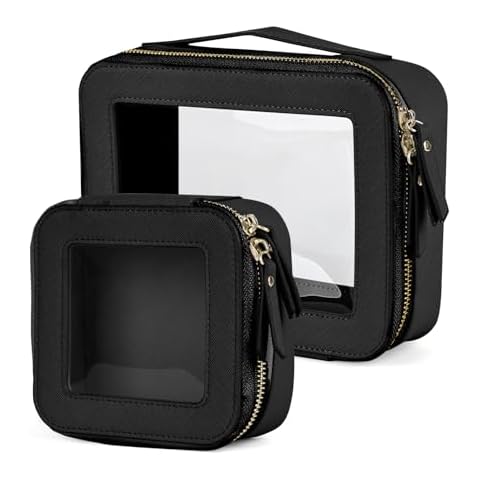 Valleycomfy Clear Cosmetic Bag Set Travel Toiletry Bag Set,Clear Makeup Organizer Bag with Visual Window Double Zipper,Black Cover