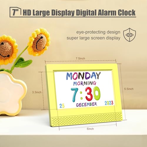 Image of Kids Digital Alarm Clock with Voice Scene Reminders, 7 inch Eye-Caring Display | Watercolor Wallpapers, Auto Dimming DST /Calendar Clock, Sleep Trainer Easy Setup Gift-Ready Box for Kids Birthday with Remote