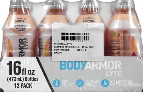 Image of BODYARMOR LYTE,Peach Mango,Electrolyte Drink,20 Calories,16 Fl Oz Bottles,Coconut Water Sports Drink,Natural Flavor & B Vitamins,(Pack of 24)