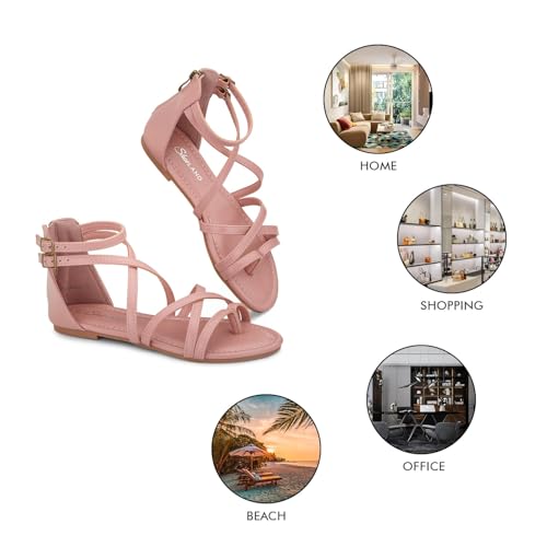 Image of Shoe Land Gladiator Sandals for Women - Strappy Flat Sandals with Ankle Strap & Back Zipper | Fisherman Thong Strappy Style for Walking, & Daily Wear | Trendy 2025 Summer