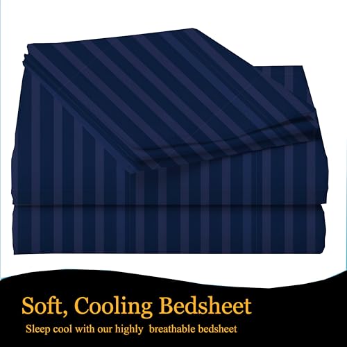Image of 220 Cotton Feel Glace Cotton Double Bedsheet with 2 Pillow Cover (90x90 inch) Navy Blue