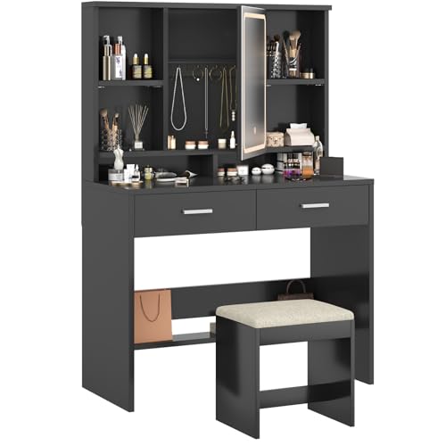 Airfish Coiffeuse avec Miroir LED et Tabouret, 3 Couleurs avec Luminosité Réglable, Table de Maquillage avec Espace pour Bijoux, Étagères Réglables, 2...