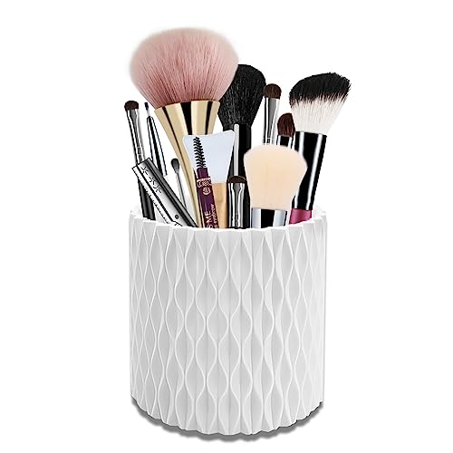 InterMaka Makeup Brush Holder, Rotating Cosmetic Container with 5 Slot, Makeup Brush Storage for Comb, Beauty Tool in Vanity Bathroom makeup brush organizer for Desk Countertop - White