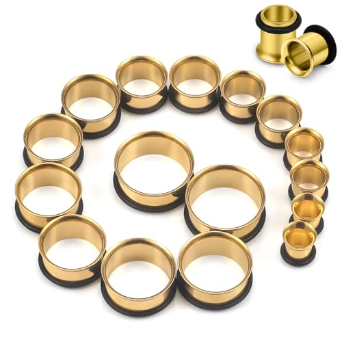 Kwoencxi 00G-25mm Single Flared Gauges Tunnels Plugs Ear Stretching Kit Surgical Satinless Steel Gold Gauges Plug Earring Lobe Tunnel Gauge Stretcher 00G 8mm 10mm 12mm 14mm 16mm 18mm 20mm 22mm 25mm