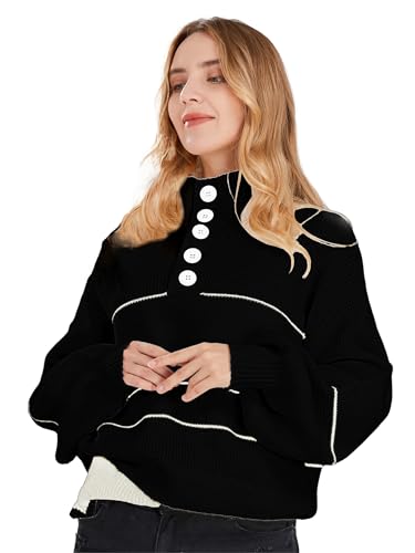 Image of CHARTOU Women's Waffle Knit Knitwear Slouchy Striped Polo Collared Long Sleeve Pullover Sweater Tops