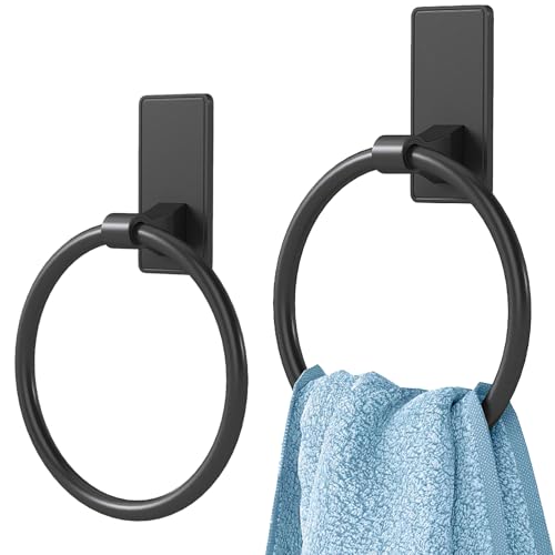 Image of Towel Ring, SUS304 Hand Towel Holder for Bathroom,Matte Black Towel Holder Bathroom Adhesive Towel Hanger for Bathroom, Kitchen, 2 Pack
