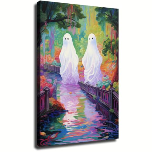 Cute Ghosts Bridge Canvas Wall Art Poster (Framed,08x12 inch)