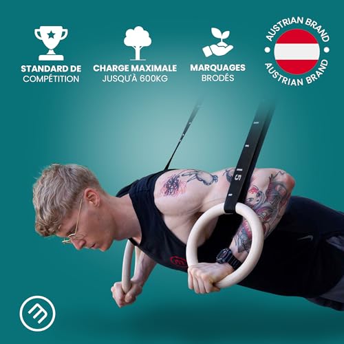 BeMaxx Anneaux de Gymnastique en Bois + Support Porte & Livre d’Exercices | Set Gymnaste & Sangle de Sécurité Graduées | Anneau Sport Gym Workout Musculation | Réglables, Polyvalents | Adultes – vue 5