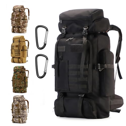 Hiking Backpack 80L with Carabiner Clips Packable Lightweight Camping Backpack Men Women Waterproof Hiking Daypack Travel Bag (Black, 80L)