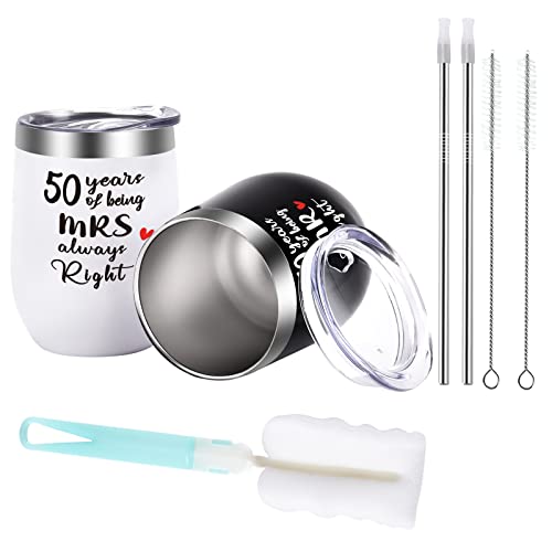 50Th Anniversary Presents For Couples, 50 Years Of Being Mr. Right Mrs. Always Right Wine Tumbler Set, Wedding Gift For Husband Wife Parents Grandparents, 12 Oz Stainless Steel Tumbler, Black White #TOP6