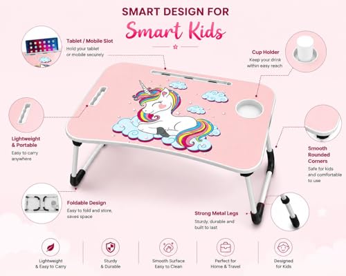 Image of Foldable Laptop Table for Bed with Cup Holder & Tablet Slot, Pink Unicorn Theme Portable Study Table for Kids & Adults, Multipurpose Breakfast Bed Desk for Work, Reading & Drawing