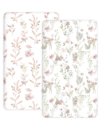 Image of Bedside Bassinet Sheets 2 Pack, 33 x 20 Fitted Bedside Sleeper Sheets, Ultra Soft Breathable Polyester, Ideal for Baby Girl or Boy and Newborns (Floral Fawn, Bedside Sleeper Sheet)
