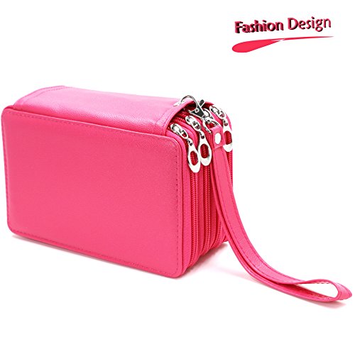 Youshares 72 Slots Pencil Case - Pu Leather Handy Multi-Layer Large Zipper Pen Bag With Handle Strap For Colored / Watercolor Pencil (Pink) #TOP5