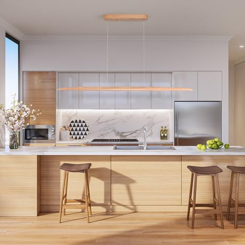 Image of YISDESIGN 59 inch 40W Wood LED Linear Pendant Light Fixture Led Dining Room Light Dimmable Hanging Light Fixture for Dining Room Kitchen Island Pool Table Lights Natural Ash