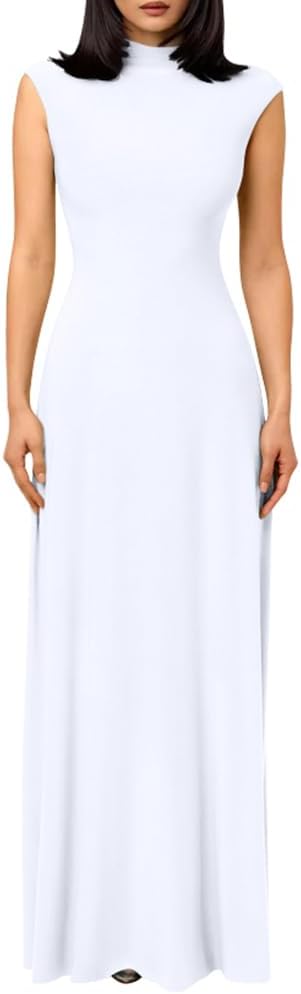 LAGSHIAN Women's Elegant Basic Maxi Dress High Neck Sleeveless Slim Formal Party Long Dresses White X-Large