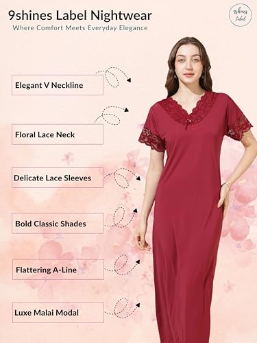 Image of 9shines Label Stylish Soft Modal Maxi Nighty | Honeymoon Nighty | Full Length Trendy Nightgown | V-Neck Lace | Premium Nightdress | Soft Long Nightdress | Maxi Gown Nightwear for Women (Malai Satin)