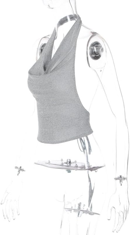 Women Halter Top Sparkly Sexy Backless Crop Top Party Club Rave Festival Outfit Draped Front Night Going Out Vest Tops Metalic Silver - Image 5