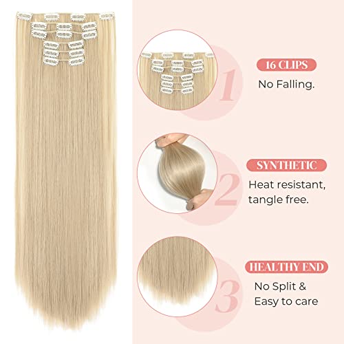 6Pcs Clip In Hair Extensions, Lonai 24" Long Straight Synthetic Clip On Hairpiece For Women Natural Ash Blonde #TOP3