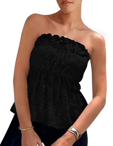 Image of PRETTYGARDEN Women's Boho Tube Tops 2025 Summer Strapless Off Shoulder Eyelet Smocked Peplum Trendy Going Out Bandeau Top (Black,Large)