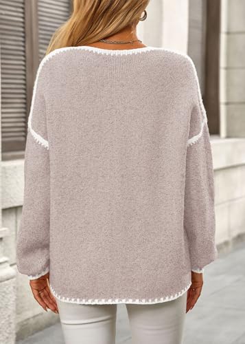 KIRUNDO Womens Sweaters 2026 Fall Oversized Long Sleeve Chunky Knit Crew Neck Contrast Stitching Pullover Winter Clothes(Apricot, X-Large) — view 2