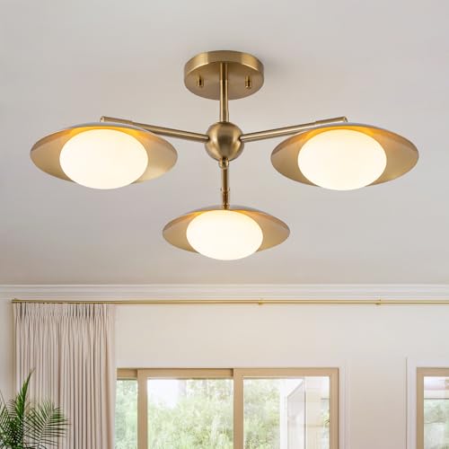 Image of 3-Light Flying Saucer Semi-Flush Mount Ceiling Light, Mid-Century Milk White Glass Globes Chandelier for Dining Room Living Room, 20.5 inch Wide, Brushed Brass Gold