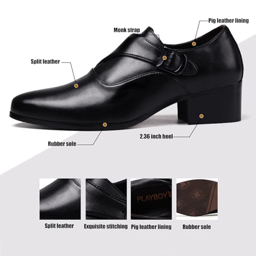 Men's Genuine Leather Chunky Heel Monk Strap Dress Loafers Fashion Classic Pointed Toe Low Top High Heel Slip On Chelsea Oxford Shoes Casual Business Formal Shoes2