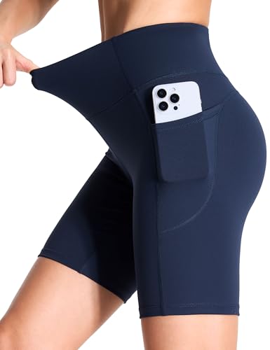 Image of THE GYM PEOPLE High Waist Yoga Shorts for Women's Tummy Control Fitness Athletic Workout Running Shorts with Deep Pockets
