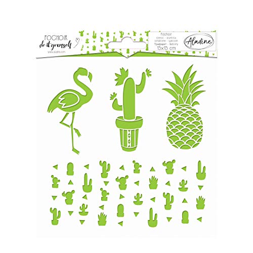 Aladine - Pochoir DIY Cactus - Scrapbooking, Décoration et Carterie Créative - Lavable - 15 x 15 cm - Motifs Cactus, Ananas, Flamant Rose et Frise Cactus