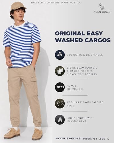 Image of Alan Jones Men's Cargo Jogger Pants | Regular Fit Tapered Joggers with Elastic Waist & Hems | Cotton Stretch Utility Pocket Track Pants | Casual Everyday Wear