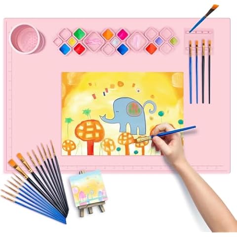 XL Silicone Paint Mat for Kid, 24"x16" Painting Station Gift Silicone Art Mat, Silicone Mats for Crafts with Paint Brush Cleaner Paint Tray Palettes, 20 Paint Brushes Mini Canvas & Easel(Pink) Cover