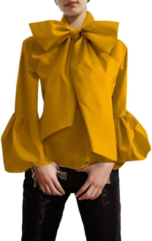 UOOZEE Women's Elegant Bow Tie Neck Blouse Long Puff Sleeve Dressy Casual Shirts Office Work Evening Party High Neck Tops